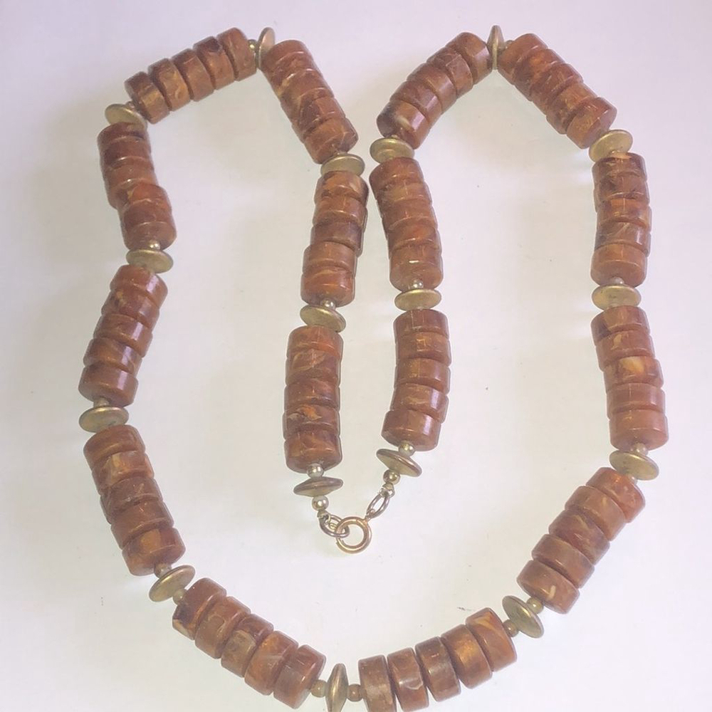 Vintage Bronze Shimmer & Gold Tone Round Disc Beaded Boho Retro Necklace